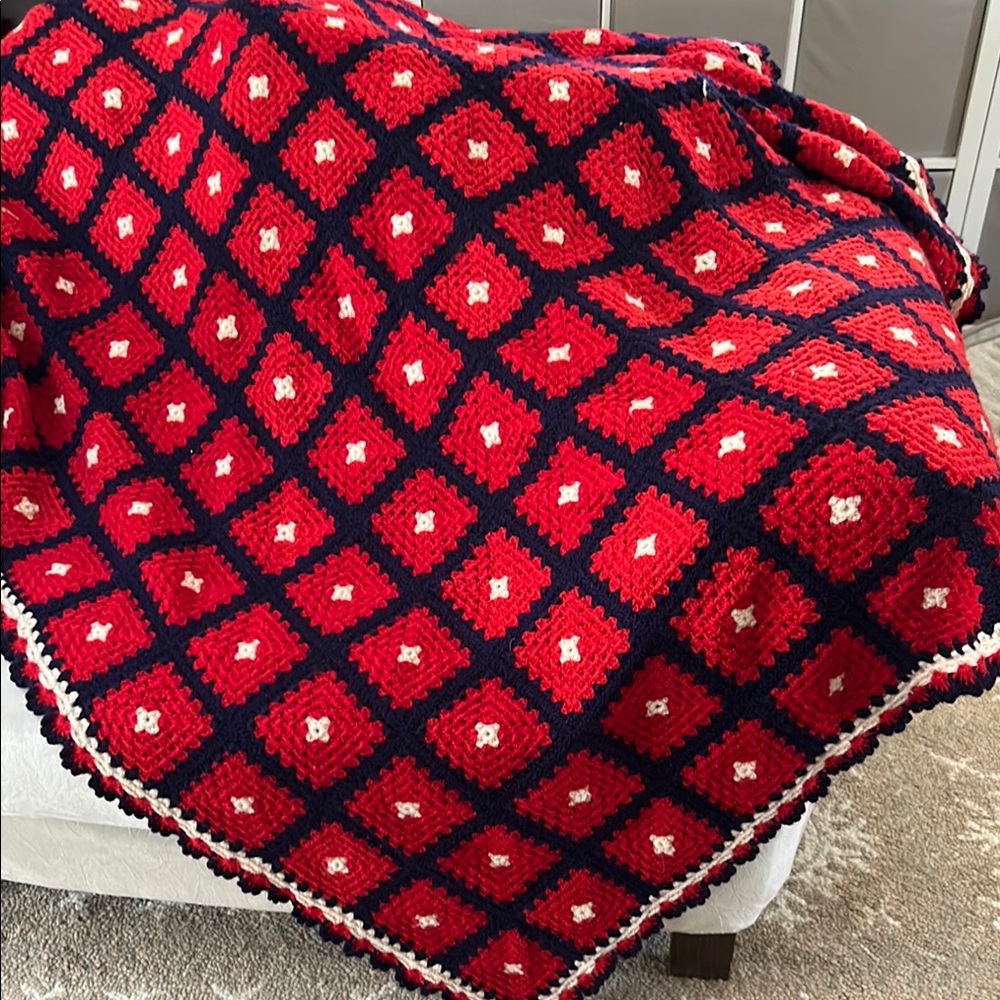 Beautiful Red and Blue Crochet Blanket